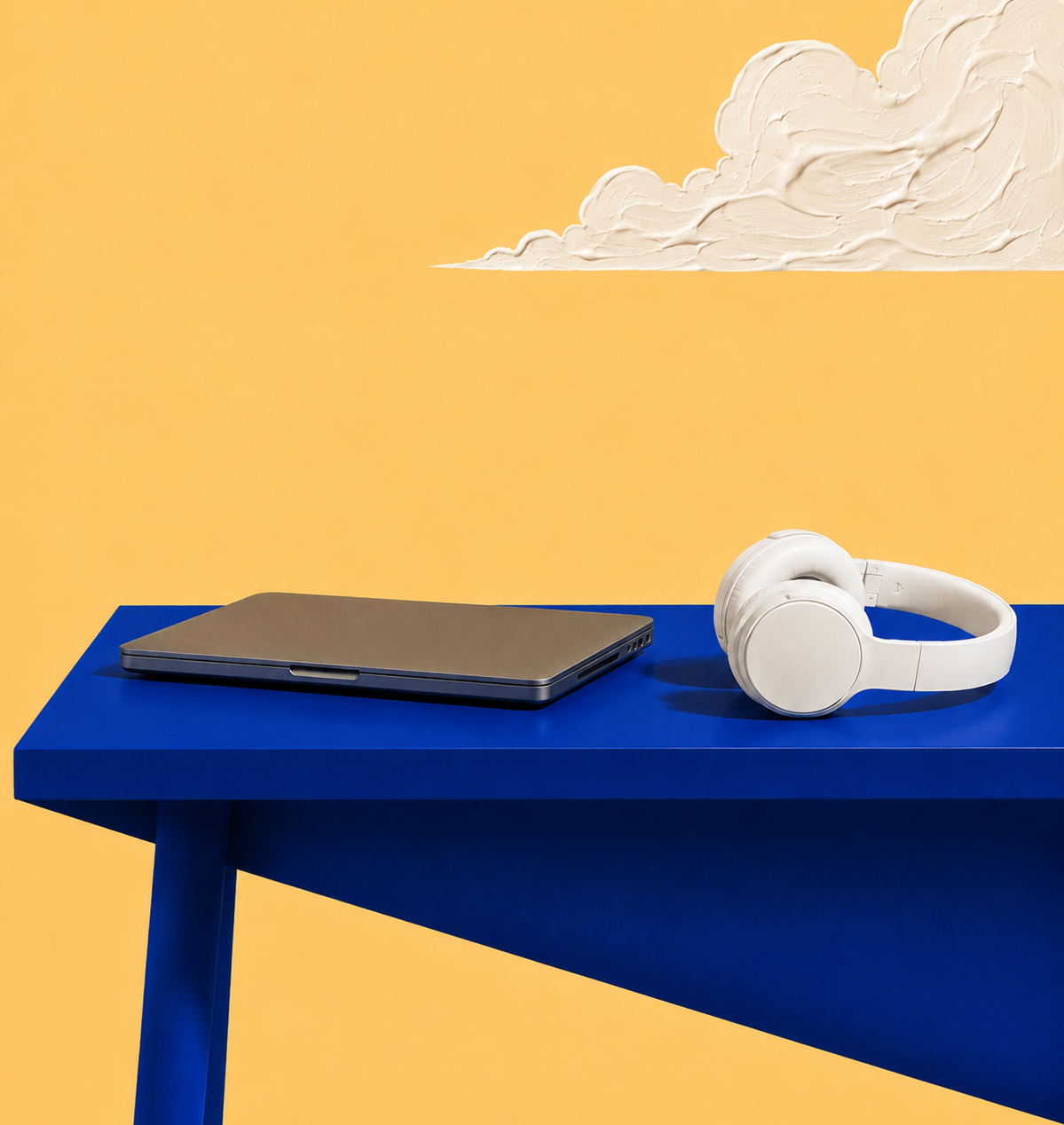 Blue desk with books and a ball against a yellow wall