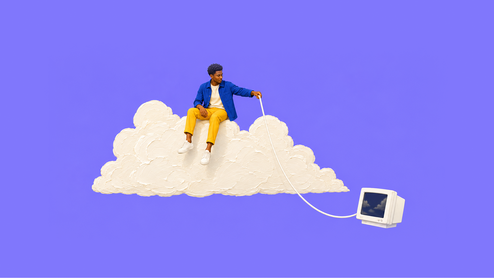A person sitting on a cloud with a computer on a cord