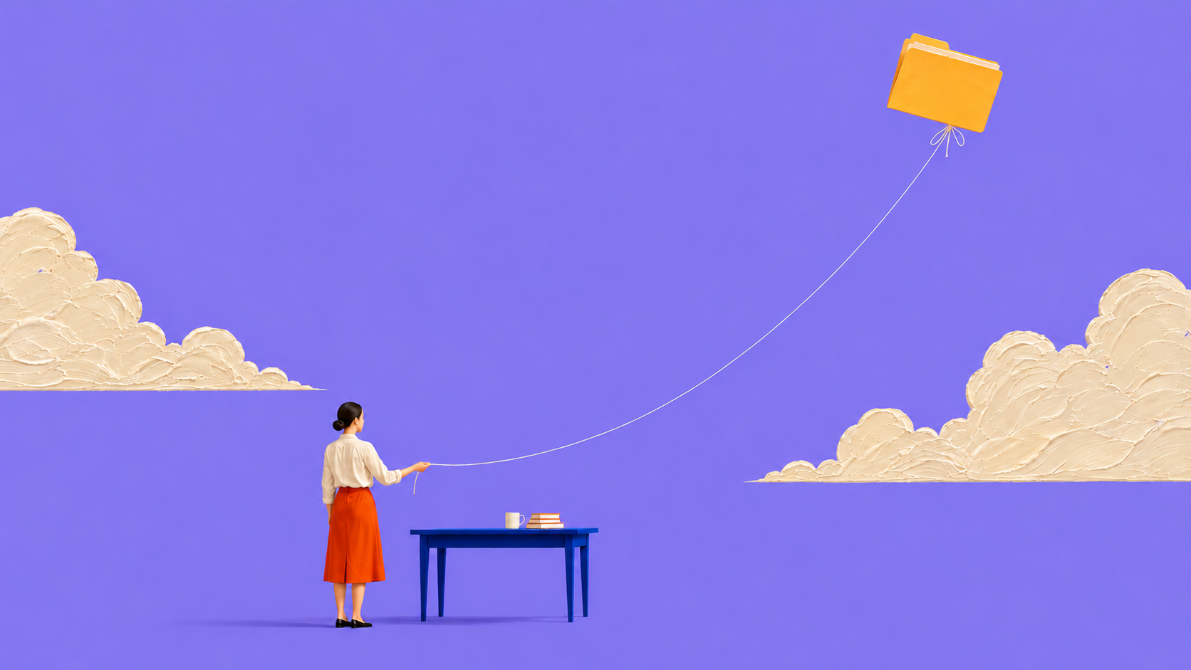 A person flying a folder like a kite in an open field