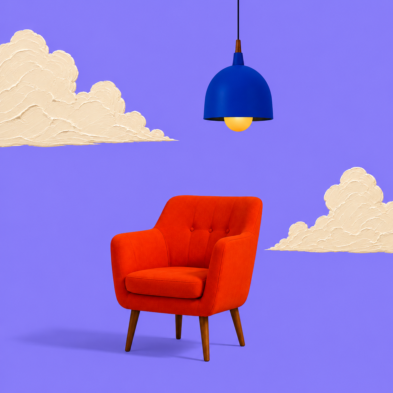 Orange armchair under a blue pendant lamp against a purple wall